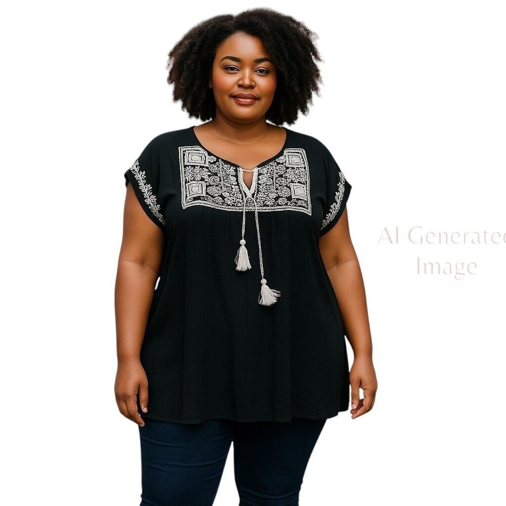 Maunces Black Sleeveless White Embroidery York & Sides Tie Neck Tunic Top Sz XL
